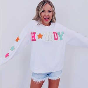 White 'Howdy' Sweatshirt with Colorful Letters